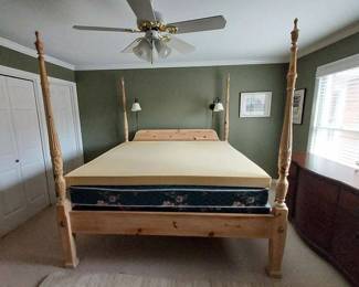 Beautiful King Size Pickled Pine Poster Bed Includes Matrress Bed Springs and Topper