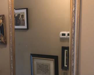 Large Goldtone Framed Wooden Wall Mirror with Beveled Glass