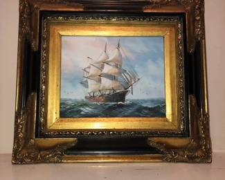 Peaceful Framed Oil on Canvas at a Clipper Ship on the Ocean