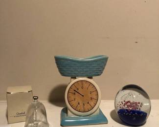 Three Pieces of Special Eye Catching Decor Goebel Bell Vintage Baby Scale Planter and Glass Paperweight