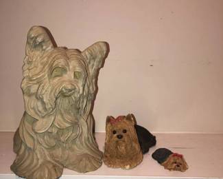 Precious Yorkies A Concrete Like Sculpture and 2 Sandicast Figures