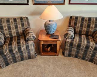 Two Comfortable Arm Chairs. Lamp Table. Pottery Lamp. 