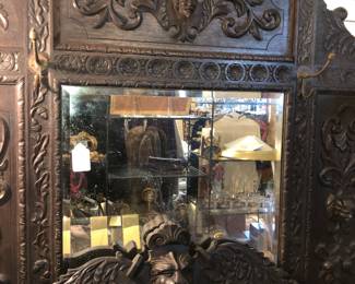 Antique black oak large hall tree, with top piece removed and displayed as you see