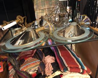 Pair of brass and glass mod wall sconces lights