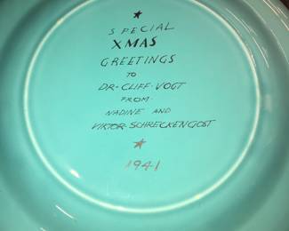 11” Viktor Schreckengost 1941 “Special Xmas Greetings” Christmas card plate to Dr. Cliff Vogt