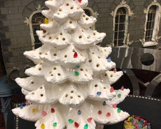 Large green ware vintage Xmas tree, bulbs in red glass bottom right 