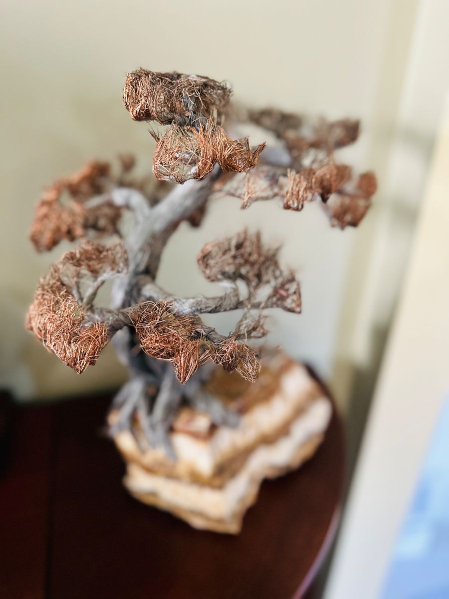 Large Copper Wire Bonsai Tree on Bandit Quartz 9"w x 15"T, signed