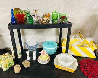 Vintage Glass Top Enamel Pyrex Tea Pot, Child's Rainbow Hazel Atlas, Vintage Tupperware, Green Art Glass Rabbit 