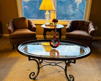 Glass Top Coffee Table , Low Profile Chairs on Casters , Crystal Lamps 