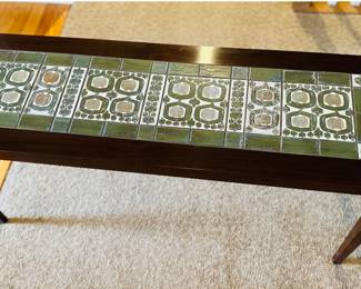 Danish Rosewood ,  Copenhagen Porcelain Art Tile Top Table, 
By Den Kongelige 
Kakler France 
19" T, 43" L, 14" W