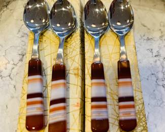 Vintage Rural Handcrafted Coffee Spoons Patterned Polished Agate