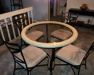 Glass, iron and wood dining table with 4 chairs