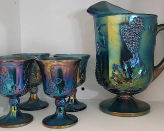 iridescent Blue Harvest grape Carnival glass Pitcher and glasses set