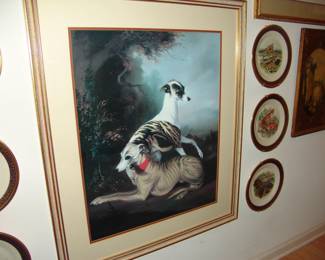 Large framed decorative hounds