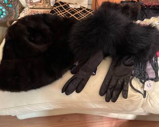 Mink hat and pair of long leather gloves with fur cuffs 