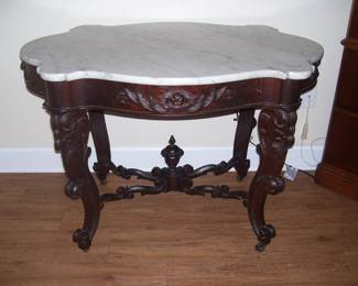 Beautiful Antique Marble Top Accent Table with Ornate Hand Carving