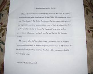 Antique Rocking Chair Letter of Provenance