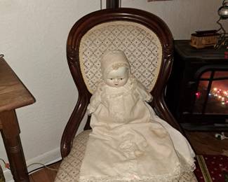 Spooky doll very old $60, pair of antique chairs $80
