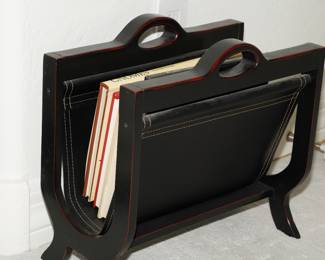 Black/red lacquered leather wrapped magazine racks x 2