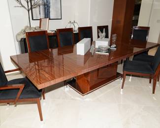 Veneered inlaid Italian dining table with 10 chairs
