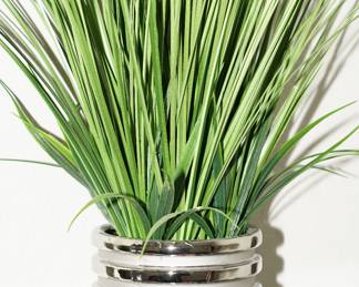 Chrome & faux grass planters x 21-these are being sold in sets of 4 and one set of 5