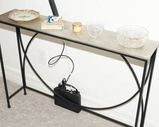 Stone topped hall table with wrought iron b ase