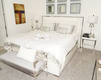 ALF Designs Italia backlit leather & chrome king size bed frame with a LaJolla foam mattress & box spring and Restoration Hardware bedding.