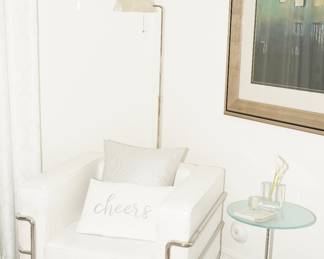 Belnick white leather & chrome club chair with frosted tempered glass & weighted chrome accent table x 2