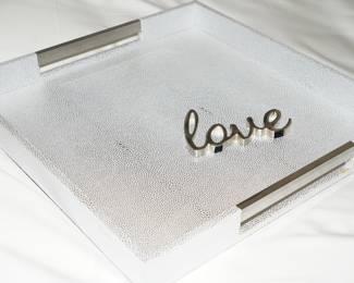 American Atelier leather wrapped tray with chrome handles