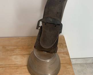 Large antique brass bell with original leather strap, marked Gusset Uetendorf