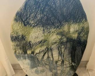 Enormous Chinese  'Scholar's Stone' (Xiuyan stone - nephrite-serpentine) on base, 42" x 28 1/2" x 2", 20th C