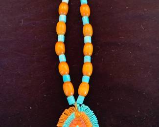 Daniel Chattin and Jovanna Poblano (Zuni) carved amber corn maiden beaded pendant, with varascite and amber beads