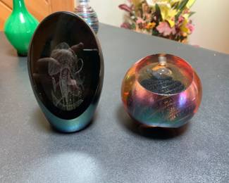 Art glass paperweights by Steven Main (1985) and Carrie and Patrick Frost (1971)