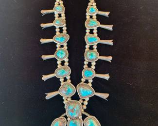 Spectacular vintage sterling and turquoise squash blossom necklace