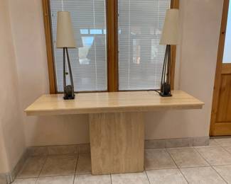 Vintage Italian travertine console table, 59" x 28 1/2" and pair of artisan made lamps