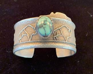 Anthony Lovato vintage sandcast sterling and turquoise cuff bracelet