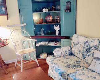 XL, 19TH CENTURY CORNER HUTCH, INSIDE PAINTED TEAL , TRADITIONAL BLUE WHITE SOFA