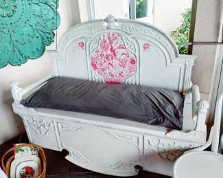 ANTIQUE HEADBOARD/FOOTBOARD REPURPOSED INTO AN ENTRY BENCH, HAND DONE, HAND PAINTED W/ FRENCH TOILE PIC