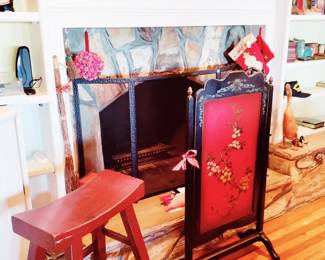VINTAGE CHINESE TALL STOOL,  VINTAGE ETHAN ALLEN FIREPLACE SCREEN
