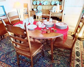LOVELY VINTAGE DINING ROOM SET, RUSH SEATS, EXTRA LEAF
