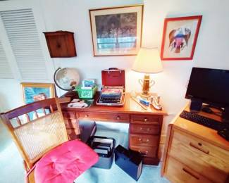 OFFICE VINTAGE DESK, OAK FILING CABINET, VINTAGE CANE BACK CHAIR ON ROLLERS