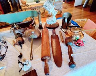 ANTIQUE WOODEN UTENSILS, ANTIQUE COPPER SERVING PIECES