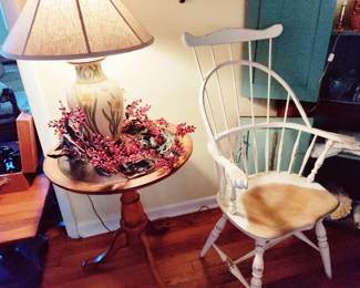 UNIQUE VINTAGE ROUND END TABLE, ENGRAVED TOP,  VINTAGE WINDSOR CHAIR