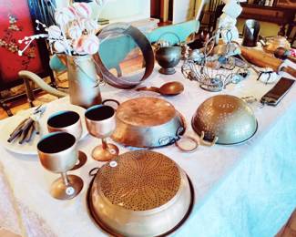 ANTIQUE COPPER SERVING PIECES, CANDLESTICKS