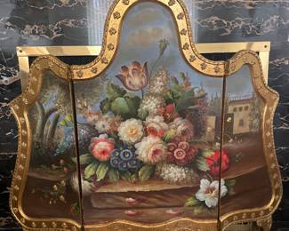Living Room: A floral painted scene is on the tri-fold fireplace folding screen.