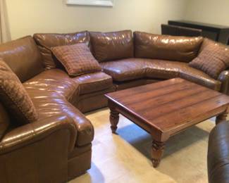 Century Furniture leather sectional, rustic coffee table