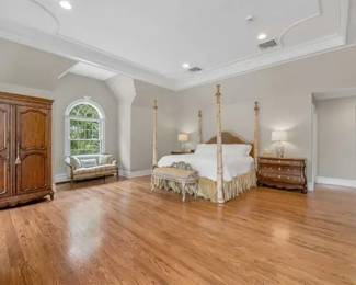 Habersham paint decorated four poster king size bed, French style loveseat, carved silver gilt bench, nightstands and armoire not for sale