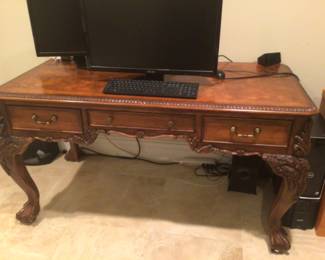 mid 20thc highly carved mahogany Chippendale burl walnut top writing desk