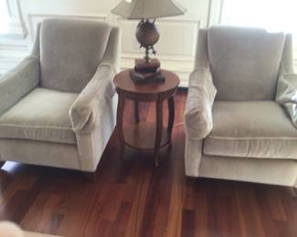 Pair of Hancock & Moore Transitional armchairs, small end table, lamp not for sale