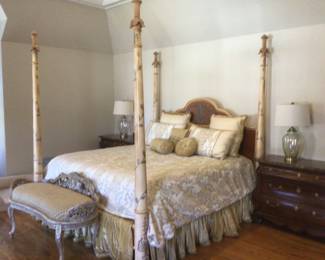 Habersham paint decorated king size bed, silver gilt bench, (nightstands not for sale)